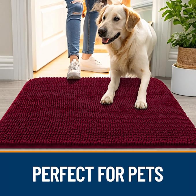 OLANLY Dog Door Mat for Muddy Paws 34x21, Absorbs Moisture and Dirt, Absorbent Non-Slip Washable Doormat, Quick Dry Chenille Mud Mat for Dogs, Entry Indoor Entryway Carpet for Inside Floor, Burgundy
