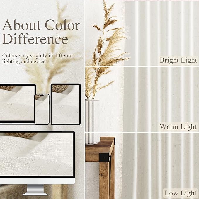 Linen Light Filtering Curtains 96 Inches Long 2 Panels Long Cream Semi Sheer Linen Blended Window Curtains Back Tab Rod Pocket Natural Cream Rustic Farmhouse Drapes for Living Room Bedroom 60x96