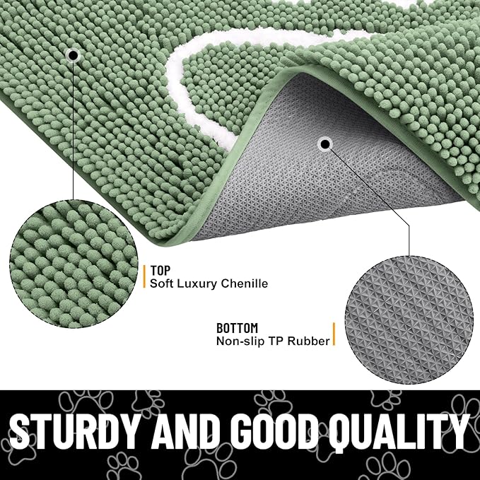 Smiry Dog Door Mat for Muddy Paws, Absorbent Dirt Trapper Non Slip Quick Dry Washable Chenille Mat for Mud Dogs, Entry Rug for Indoor and Outdoor (36x24 Inches, Olive Green and White)