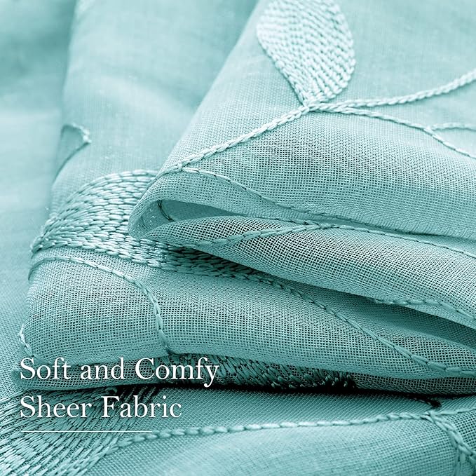 HOMEIDEAS Turquoise Aqua Sheer Curtains 52 X 63 Inches Length 2 Panels Embroidered Leaf Pattern Pocket Faux Linen Floral Teal Voile Window Drapes for Bedroom Living Room