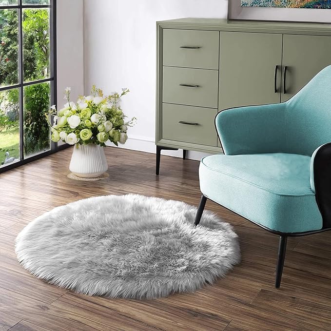 Latepis Gray Fluffy Circle Faux Fur Rug Round Rugs 4ft Sheepskin Rug for Bedroom Bedside Washable Rugs Soft Plush Shaggy Floor Carpet Luxury Home Decor