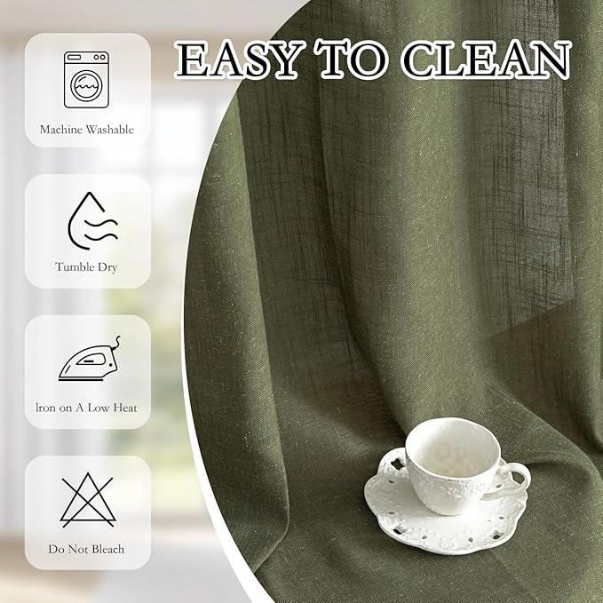 MYSKY HOME Extra Long Sheer Curtains Farmhouse, Sliding Door Curtain for Living Room Light Filtering Privacy Protect Soft Linen Blend Back Tab Window Drapes, 50" x 108", Olive Green, 2 Panels