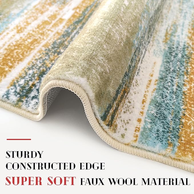 Lansny Modern Abstract Runner Rug 2x5, Green Mustard Multi Washable Entryway Kitchen Runner Non-Slip Soft Hallway Rug Runner Thin Print Faux Wool Carpet for Bedroom Laundry Room Indoor