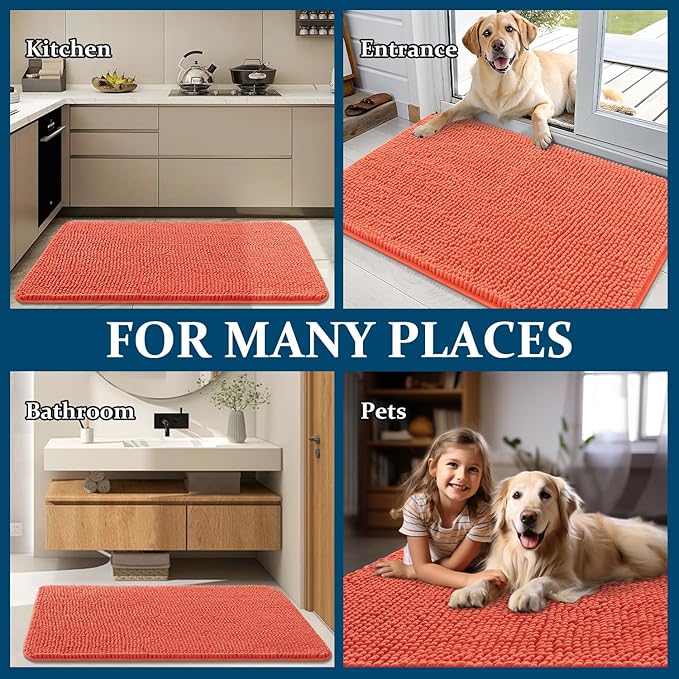 OLANLY Dog Door Mat for Muddy Paws 40x24, Absorbs Moisture and Dirt, Absorbent Non-Slip Washable Doormat, Quick Dry Chenille Mud Mat for Dogs, Entry Indoor Entryway Carpet for Inside Floor, Coral