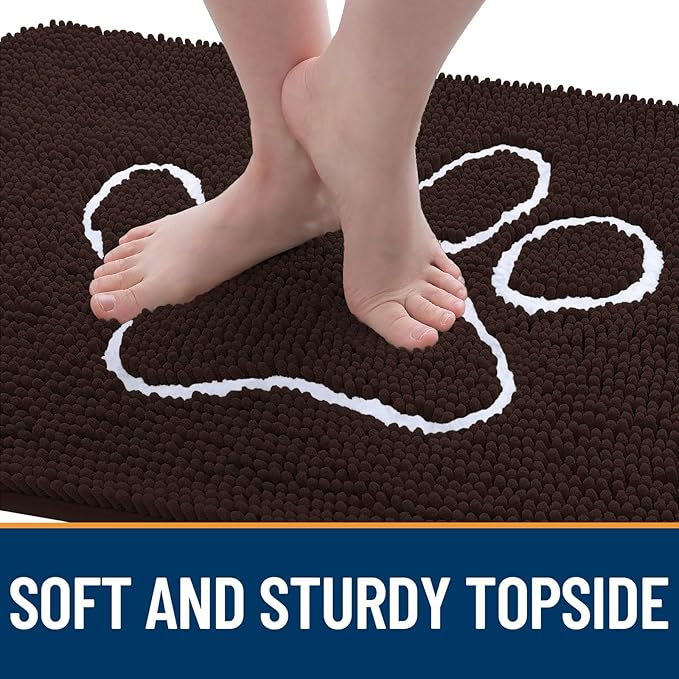 OLANLY Dog Door Mat for Muddy Paws 59x32, Paw Print Design, Absorbs Moisture and Dirt, Absorbent Non-Slip Washable Doormat, Quick Dry Chenille Mud Mat for Dogs, Entry Indoor Entryway Carpet, Brown