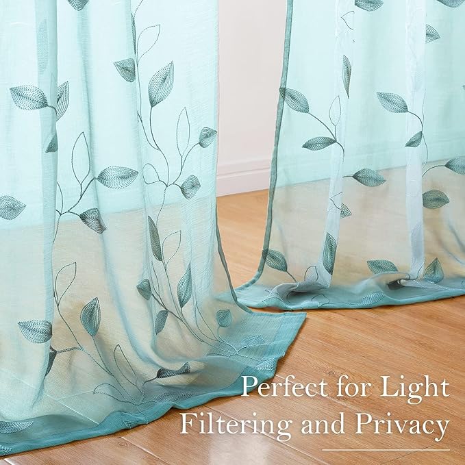HOMEIDEAS Turquoise Aqua Sheer Curtains 52 X 96 Inches Length 2 Panels Embroidered Leaf Pattern Pocket Faux Linen Floral Teal Voile Window Drapes for Bedroom Living Room