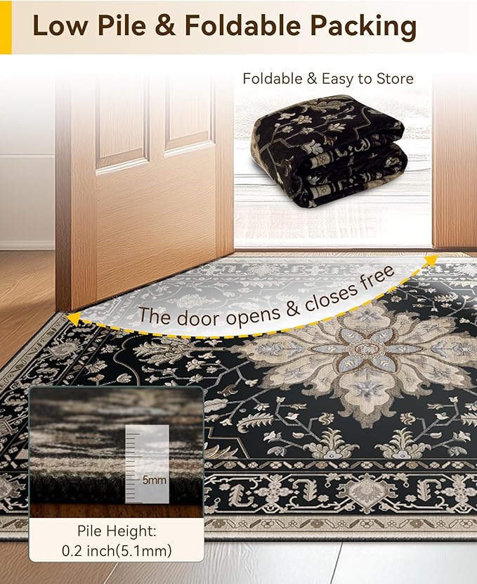 Area Rugs 3'x6' Runner Rug Non Slip Washable for Kitchen Hallway Bedroom Beside Laundry Room Bathroom Rug, Floor Carpet, Black Brown Neutral Dark Tan