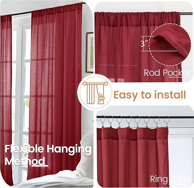 BGment Burgundy Linen Curtains 45 Inch Length for Short Kitchen Window, Rod Pocket Semi Sheer Drapes for Office Cafe Bathroom Decor Rustic Textured Lightweight Christmas, 2 Panels, Each 42 Inch Wide