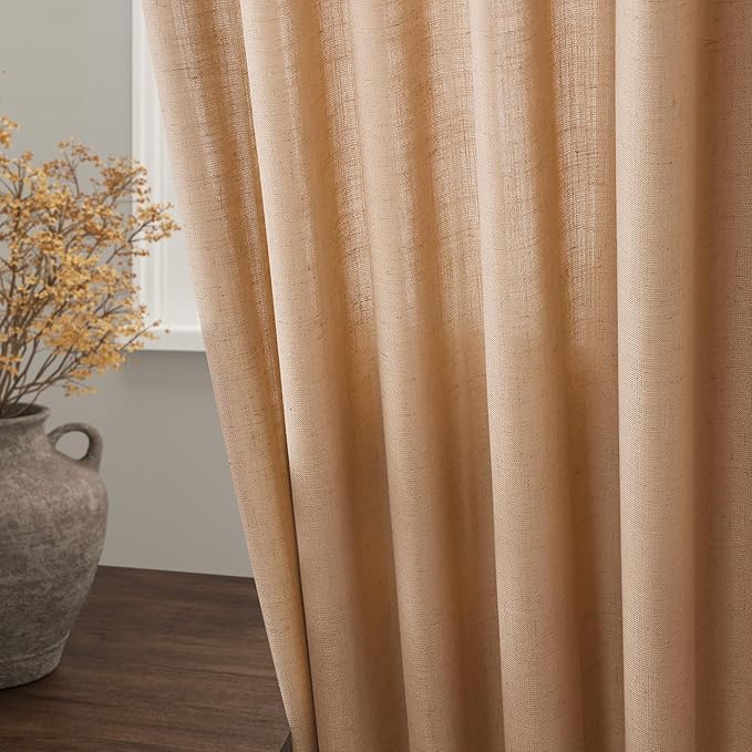 Nanspring Camel Linen Semi Sheer Curtains 72 Inches Long 2 Panels Set for Bedroom Rod Pocket Back Tab Light Filtering Privacy Drapes Cotton Textured Farmhouse Living Room Curtain 52X72 Inches