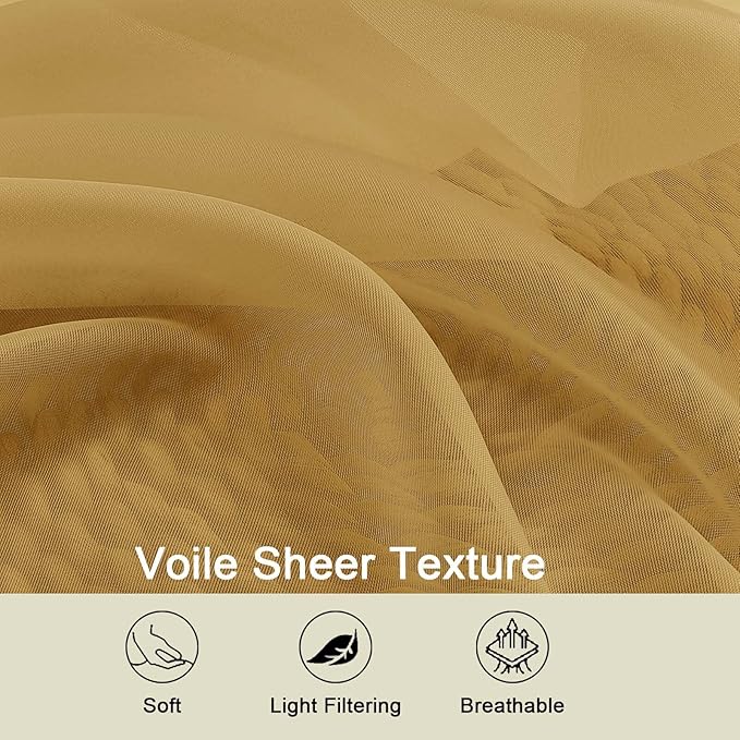 Kitchen Curtains 24 Inch Length Tier 2 Pieces, Gold Sheer Curtain Solid Soft Sheer Short Curtains for Windows, Cafe Bathroom Basement Rod Pocket Drapes, Gold, Each 42" Wx24 L Inches