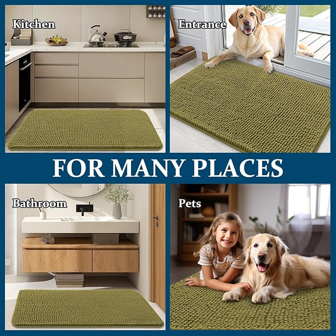 OLANLY Dog Door Mat for Muddy Paws 47x32, Absorbs Moisture and Dirt, Absorbent Non-Slip Washable Doormat, Quick Dry Chenille Mud Mat, Entry Indoor Entryway Carpet for Inside Floor, Willow Green