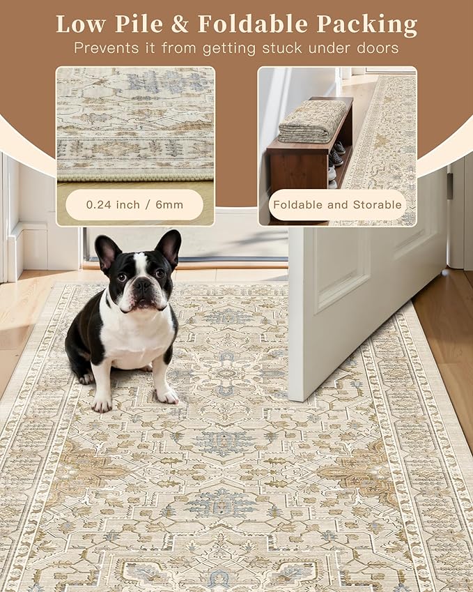 Madane Hallway Runner Rug 3x6 - Washable Kitchen Rugs Entryway Rug Runner Vintage Soft Floor Mat Non Slip Indoor Farmhouse Carpet for Bathroom Living Room Bedroom (3 X 6, Beige/Blue)