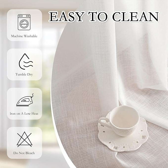 MYSKY HOME Floor to Ceiling Curtains 102 Inches White Sheer Window Drapes 2 Panel Sets Linen Look Boho Fabric Back Tab Draperies, Soft Cotton Blend Light Filtering for Living Room，50" Wide