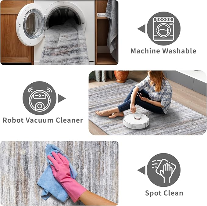 2x12 Washable Runner Rugs for Hallway: Long Abstract Runners for Entryway Dining Room Office - Stain and Water Resistant Rugs with Non-Slip Backing - Soft Low-Pile Carpet Beige Grey