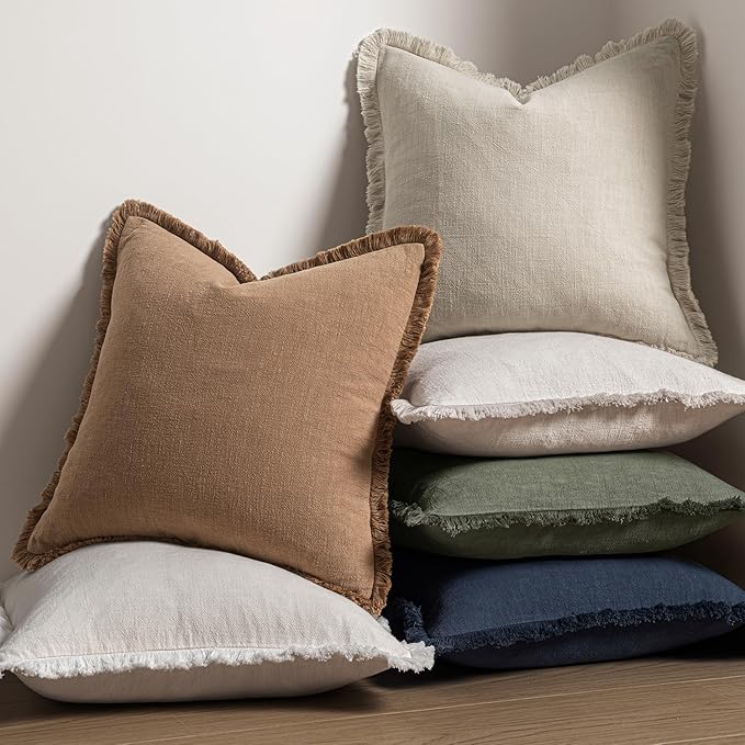 MIULEE Decorative Lumbar Throw Pillow Covers Neutral Linen Fringe Throw Pillows Set of 2 Brown Boho Farmhouse Cushion Covers with Tassels for Couch Sofa Bed Living Room Spring Home Decor 12x20 Inch