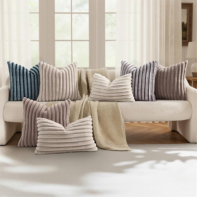 decorUhome Cozy Faux Fur Throw Pillow Covers 22x22 Set of 2 Decorative Soft Plush Striped Modern Farmhouse Boho Couch Euro Sham Pillow Cases with Velvet Back for Sofa Bed Living Roomr, Tan
