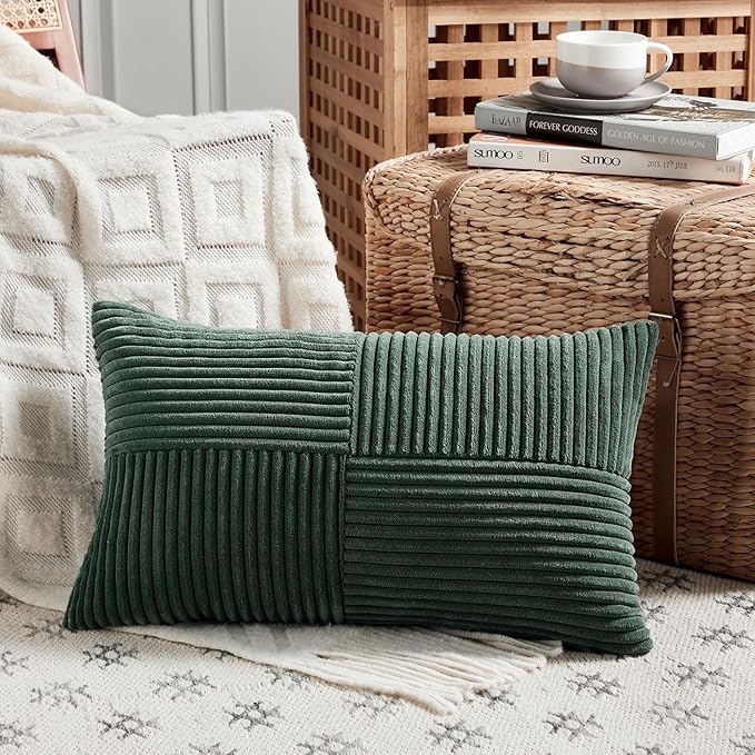 Fancy Homi Set of 2 Dark Green Long Lumbar Decorative Throw Pillow Covers 12x24 Inch for Living Room Couch Bed, Boho Farmhouse Forest Green Home Decor, Soft Corduroy Corss Textured Cushion Cas