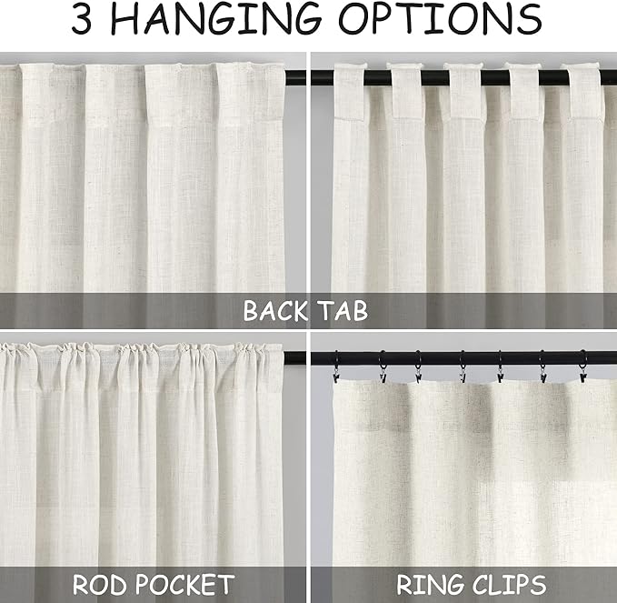 Cream Linen Curtains 91 Inches Long for Living Room Extra Long Back Tab Curtains Neutral Farmhouse Light Filtering Semi Sheer Linen Drapes Ceiling to Floor for Large Window 2 Panels Set 52x91