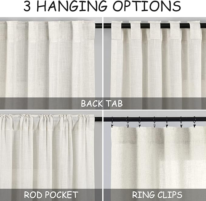Linen Curtains 96 inches Long for Bedroom Back Tab Light Filtering Privacy Sheer Cream Curtains Modern Farmhouse Coastal Decor Cream Cotton Textured Gauze Curtain 2 Panel Set 70x96