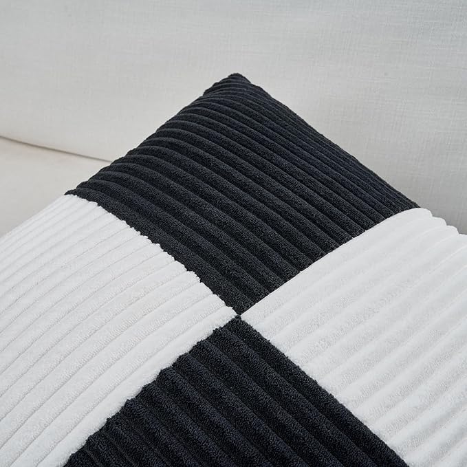 Fancy Homi Set of 2 Black White Euro Decorative Throw Pillow Covers 28x28 Inch for Bedroom Couch Bed, Farmhouse Boho Home Decor, Soft Cross Corduroy Patchwork Textured Square Cushion Case 71x71 cm