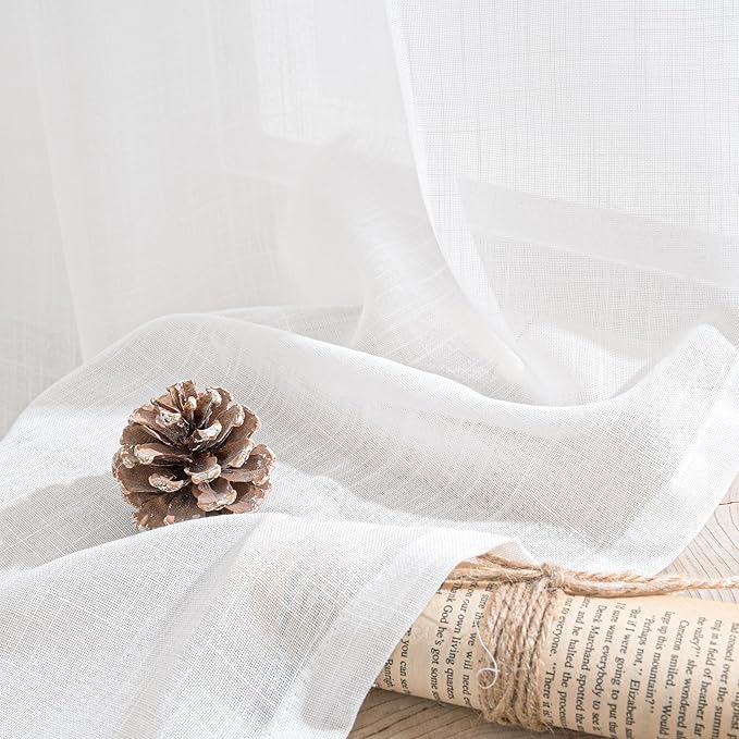 BGment Short White Curtains 40 Inch Length for Small Window - Linen Semi Sheer Drapes with Rod Pocket Light Filtering for Cafe Bedroom Kitchen Lightweight Rustic, 2 Panels Set, 30 X 40 Inch