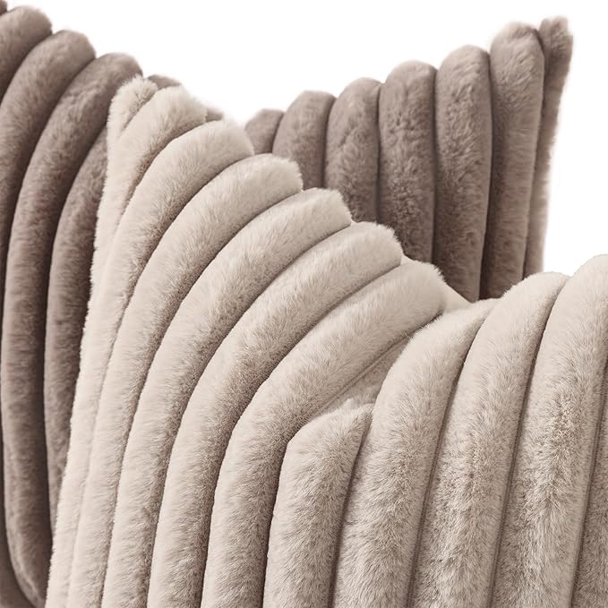 decorUhome Cozy Faux Fur Throw Pillow Covers 20x20 Set of 2 Decorative Soft Plush Striped Modern Farmhouse Boho Couch Pillow Cases with Velvet Back for Sofa Bed Living Room, Light Coffee