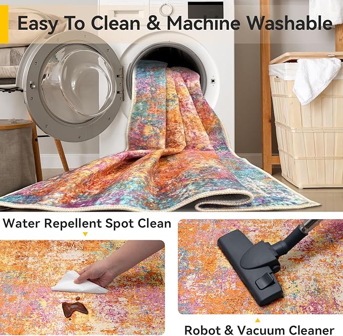 Washable Area Rugs 8'x10' Non-Slip Modern Abstract Soft for Living Room Entryway Bedroom Nursery, Print Pattern, Orange Blue Pink Yellow Colorful