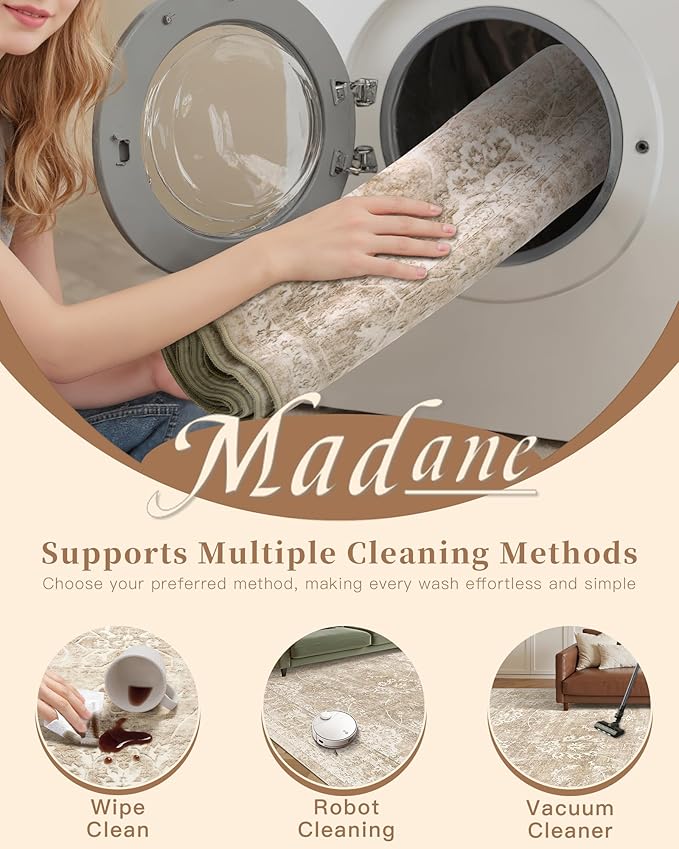 Madane Runner Rug 2x10 for Hallway, Kitchen Non-Slip Runner Rug with Rubber Backing, Vintage Soft Low Pile Throw Neutral Carpet Runner for Laundry Room Entryway Bathroom Bedroom (2 x 10, Beige/Brown)
