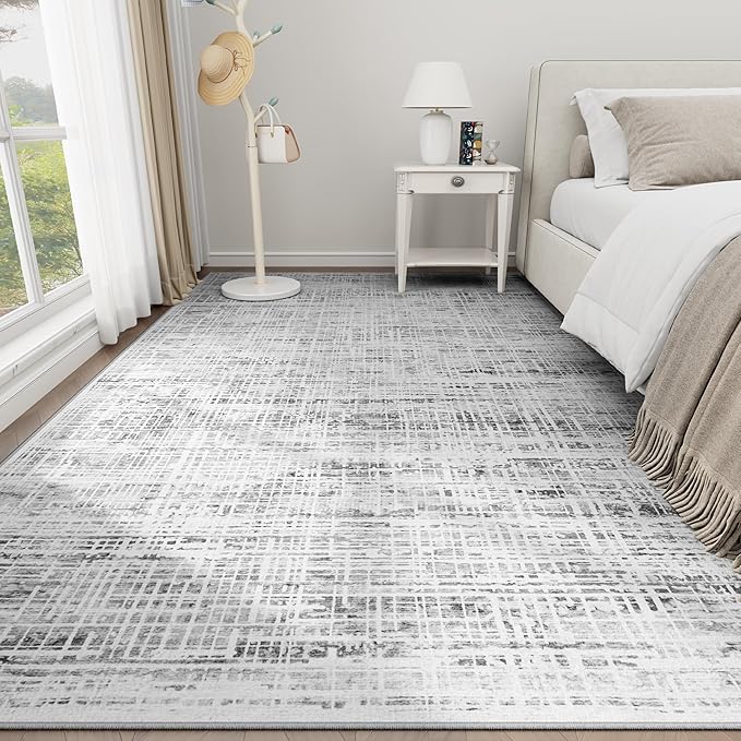 8x10 Area Rugs Washable Rug: Anti-Skid Abstract Modern Living Room Rug Soft Thin Carpets Indoor Floor Non-Shedding Carpet for Bedroom Dining Farmhouse Nursery Home Office (White Gray, 8'x10')