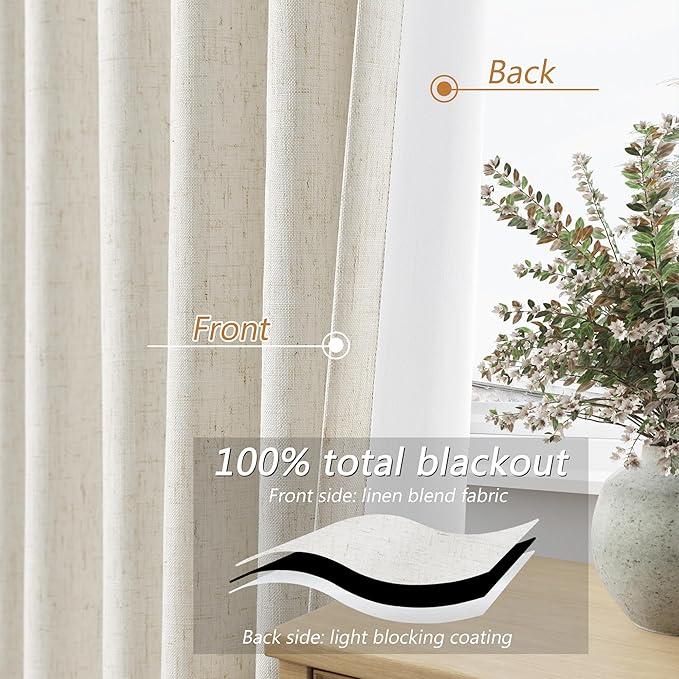 Guken Cream 100% Blackout Curtains 78 Inch Length 2 Panels Set for Living Room Bedroom Back Tab Thermal Insulated Black Out Linen Drapes Room Darkening Window Curtains