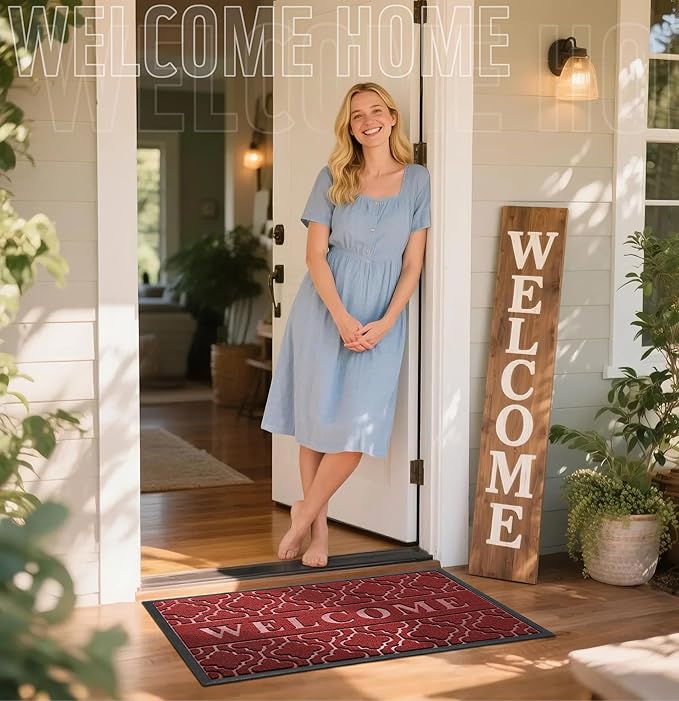 Yimobra Welcome Mat Outdoor Indoor, All-Season Waterproof Front Door Mat Outside Entrance, All-Weather Heavy Duty Non-Slip Doormat, Low Profile Porch Patio Entrance Mats, 36x24, Red