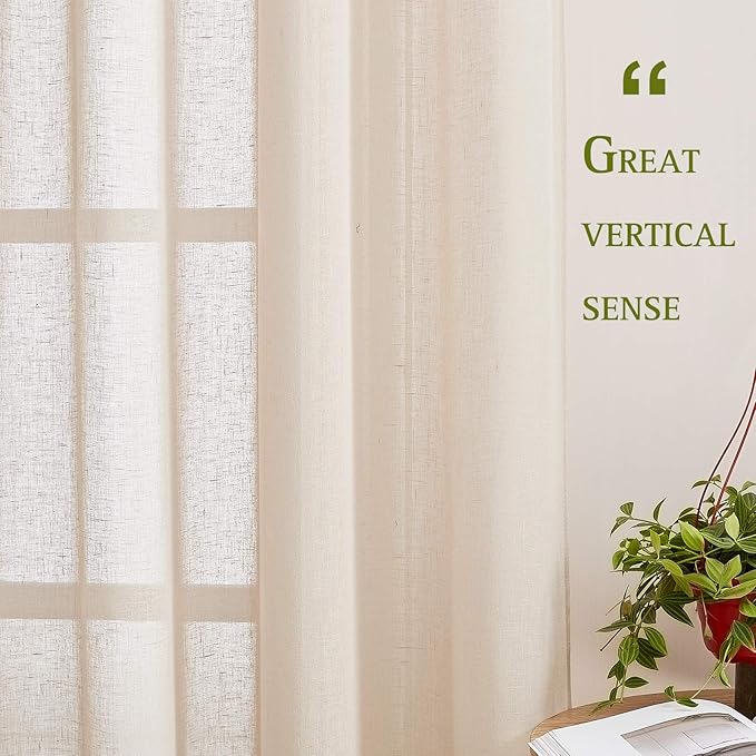 NICETOWN Linen Textured Sheer Faux Flax Window Curtains, 96" Long Drapes Sweep The Floor Decorative Keep Privacy Semi Sheer Panels for Living Room/Villa/Bedroom, 52" W, 2 Pieces, Beige