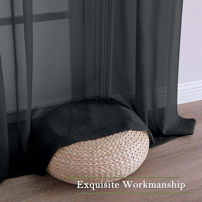 Lecloud Black Sheer Curtains 90 Inches Long 2 Panels, Light Filtering Privacy Voile Curtain Drapes, Airy Extra Wide Dual Rod Pocket Window Treatments for Living Room Bedroom, 59" W x 90" L