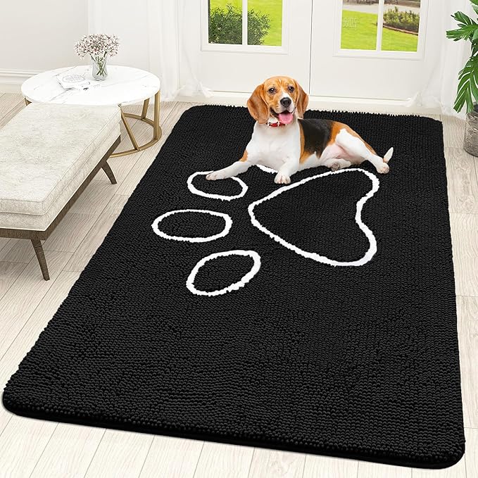 OLANLY Dog Door Mat for Muddy Paws 59x35, Paw Print Design, Absorbs Moisture and Dirt, Absorbent Non-Slip Washable Doormat, Quick Dry Chenille Mud Mat for Dogs, Entry Indoor Entryway Carpet, Black