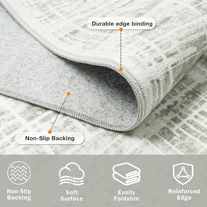 8x10 Area Rugs Washable Rug: Anti-Skid Abstract Modern Living Room Rug Soft Thin Carpets Indoor Floor Non-Shedding Carpet for Bedroom Dining Farmhouse Nursery Home Office (White Gray, 8'x10')