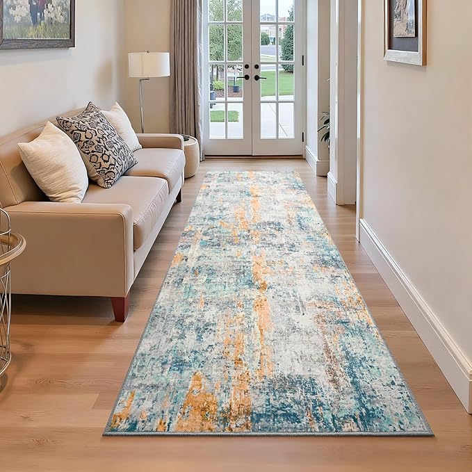 2x6 Rug Runners for Hallways Kitchen Runner Rug Non Slip Washable Blue Long Runner Rugs with Rubber Backing Soft Abstract Carpet Runner for Hallways, Kitchen, Bedroom, Bathroom, Entryway