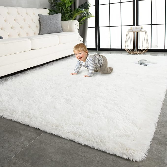 TWINNIS Super Soft Shaggy Rugs Fluffy Carpets 5x8 Feet, Indoor Modern Plush Area Rugs for Living Room Bedroom Kids Room Nursery Home Decor, Upgrade Anti-Skid Rectangular Fuzzy Rug, Cream White