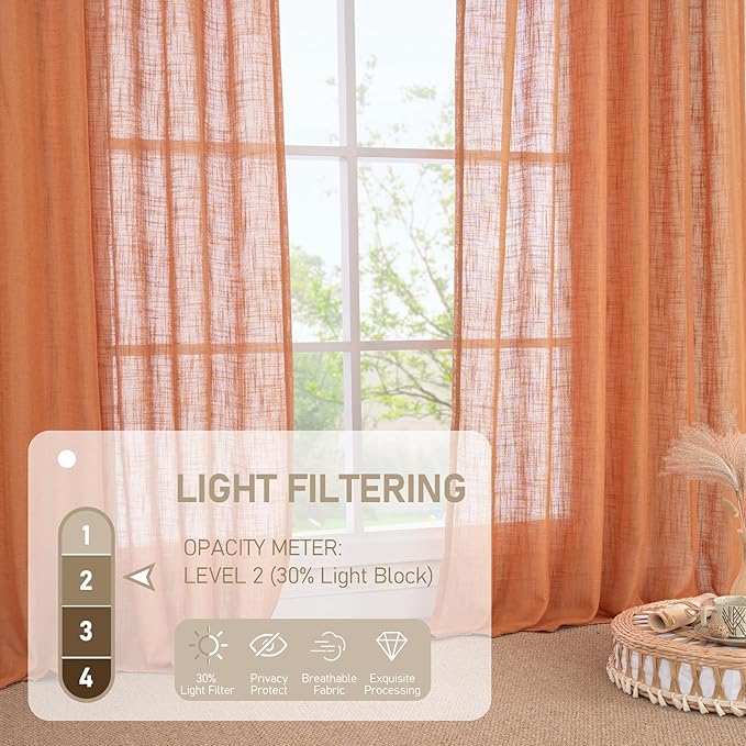 LAMIT Burnt Orange 78 inch Linen Curtains for Living Room 2 Panels, Linen Textured Light Filtering Drapes Semi Sheer Bronze Grommet Panels for Bedroom/Farmhouse Fall Decor, 52 x 78 Inch