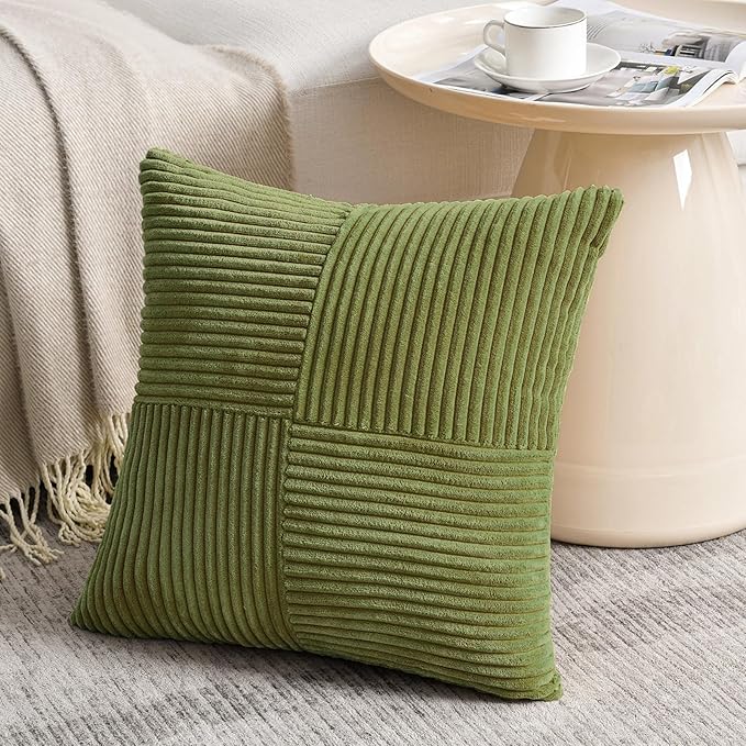Fancy Homi 2 Packs Moss Green Decorative Throw Pillow Covers 20x20 Inch for Living Room Couch Bed Sofa, Farmhouse Boho Home Decor, Soft Corss Corduroy Patchwork Accent Square Cushion Case 50x50 cm