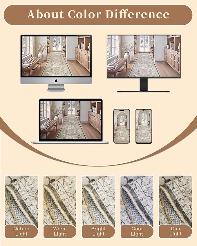Madane Area Rug 3x5, Entryway Washable Printed Vintage Kitchen Carpet Non Slip Indoor Doormat for Living Room Laundry Room Bedroom Nursery Soft Thin Entry Floor Mat, Ivory/Brown