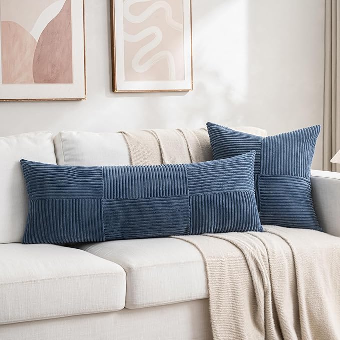Fancy Homi 2 Packs Dusty Blue Decorative Throw Pillow Covers 18x18 Inch for Living Room Couch Bed, Farmhouse Boho Home Decor, Soft Corss Corduroy Patchwork Textured Square Cushion Case 45x45cm