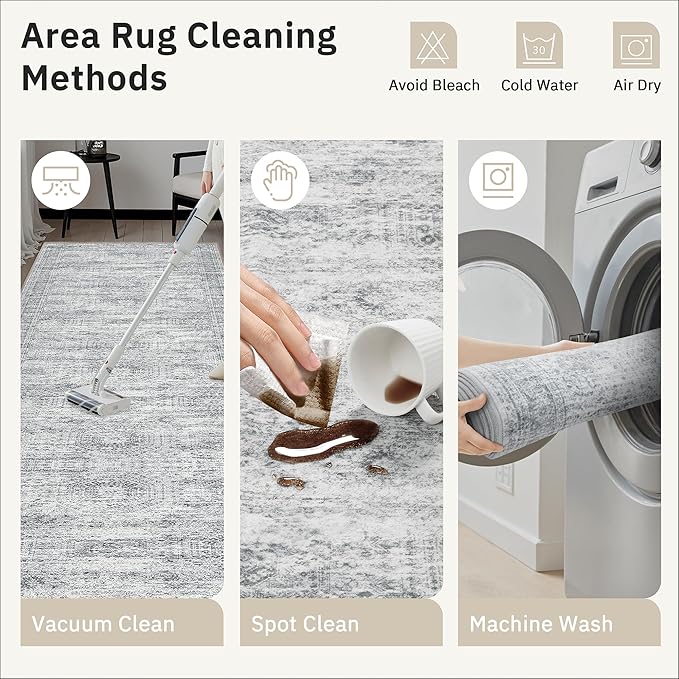 3x4 Rug, Small Area Rug for Kitchen, Entryway, Machine Washable Non-Slip Throw Rug, Vintage Carpet for Nursery Coffee Table Grey