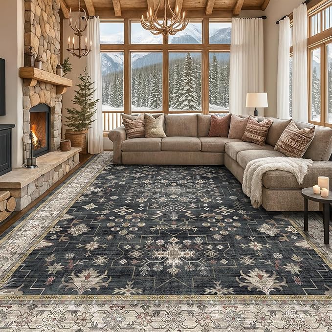Black Boho Rug for Living Room 9x12 - Washable Dining Room Rugs for Under Table, Vintage Soft Low Pile Carpet for Bedroom, Non-Slip Farmhouse Bohemian Large Tumble Rug for High Traffic Area