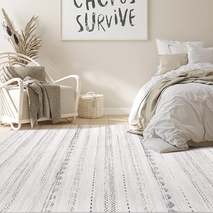 Nakagishi Area Rug Living Room Rugs: 5x7 Washable Boho Large Neutral Farmhouse Soft Moroccan Stain Resistant Indoor Floor Carpet for Bedroom Nursery Kids Playroom Office Dining Room Home House- Gray