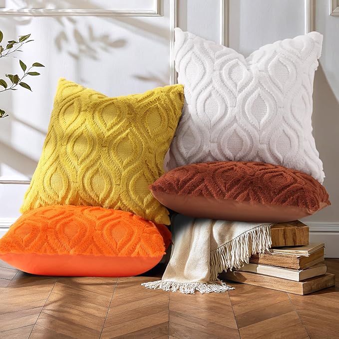 decorUhome Summer Throw Pillow Covers 24x24 Inch Set of 2, Soft Plush Faux Wool Mustard Yellow Solid Couch Pillow Covers, Accent Euro Sham Farmhouse Square Pillow Cases for Sofa Bed Living Room
