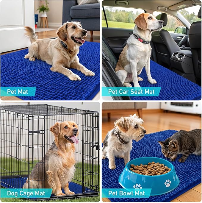 OLANLY Dog Door Mat for Muddy Paws 70x35, Absorbs Moisture and Dirt, Absorbent Non-Slip Washable Doormat, Quick Dry Chenille Mud Mat for Dogs, Entry Indoor Entryway Carpet for Inside Floor, Royal Blue