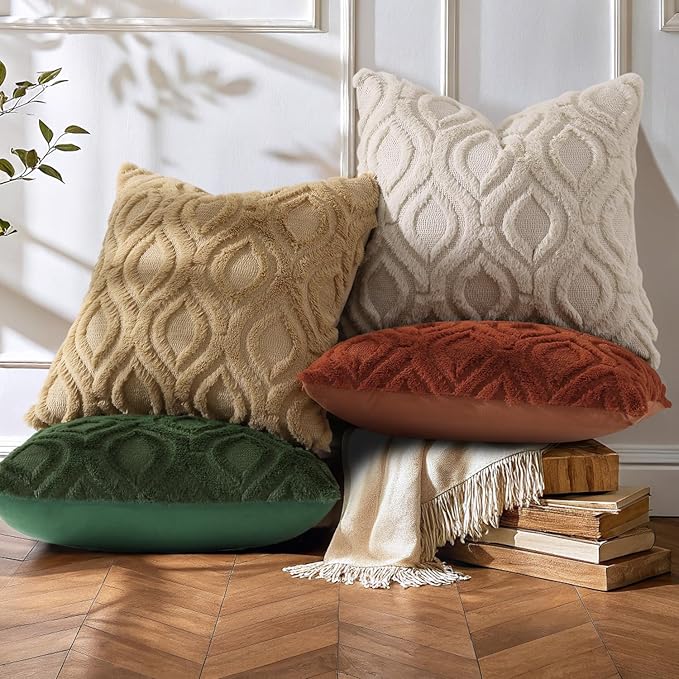 decorUhome Throw Pillow Covers 24x24 Inch Set of 2, Soft Plush Faux Wool Khaki Solid Couch Pillow Covers, Accent Euro Sham Farmhouse Neutral Square Pillow Cases for Sofa Bed Living Room