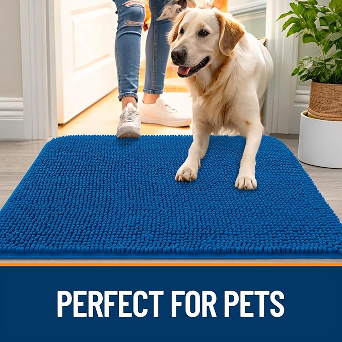 OLANLY Dog Door Mat for Muddy Paws 70x35, Absorbs Moisture and Dirt, Absorbent Non-Slip Washable Doormat, Quick Dry Chenille Mud Mat, Entry Indoor Entryway Carpet for Inside Floor, Deep Navy Blue