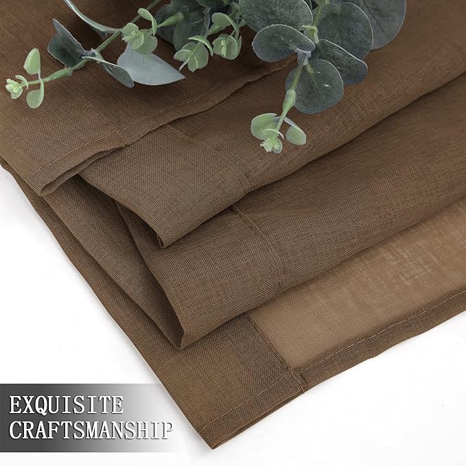 Tollpiz Short Sheer Curtains Linen Textured Bedroom Curtain Sheers Light Filtering Rod Pocket Voile Curtains for Living Room, 54 x 45 inches Long, Brown, Set of 2 Panels