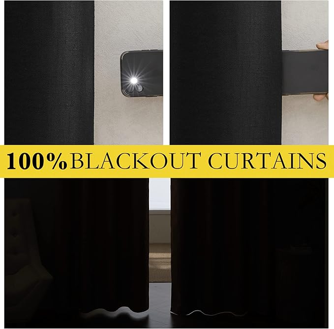 NICETOWN Black Out Linen Curtains, Complete Blackout Shades for Large Window Door, 100% Blackout Window Curtain Panels with White Lined, 52 inches Width Each Panel, 95 inches Length, 2 Pieces